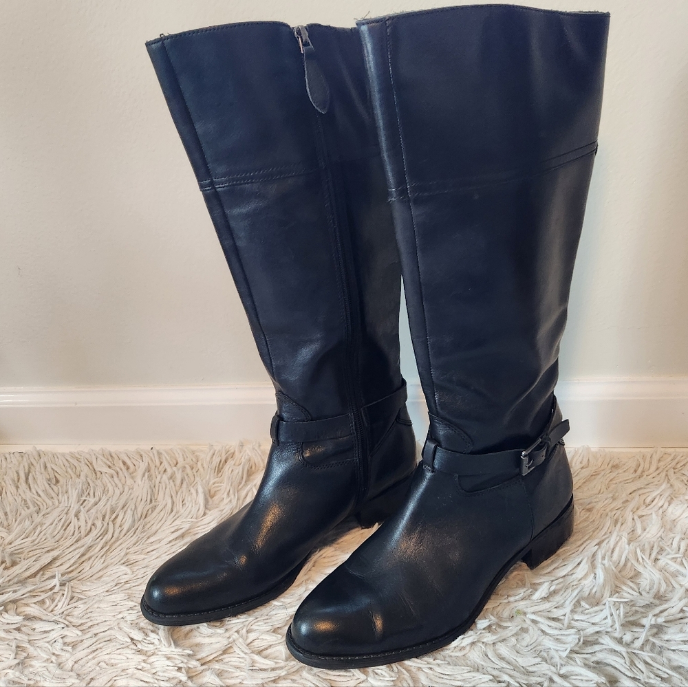 Franco Sarto L-Corda Black Leather Knee High Riding Boot Buckle Strap Sz 9.5 Euc